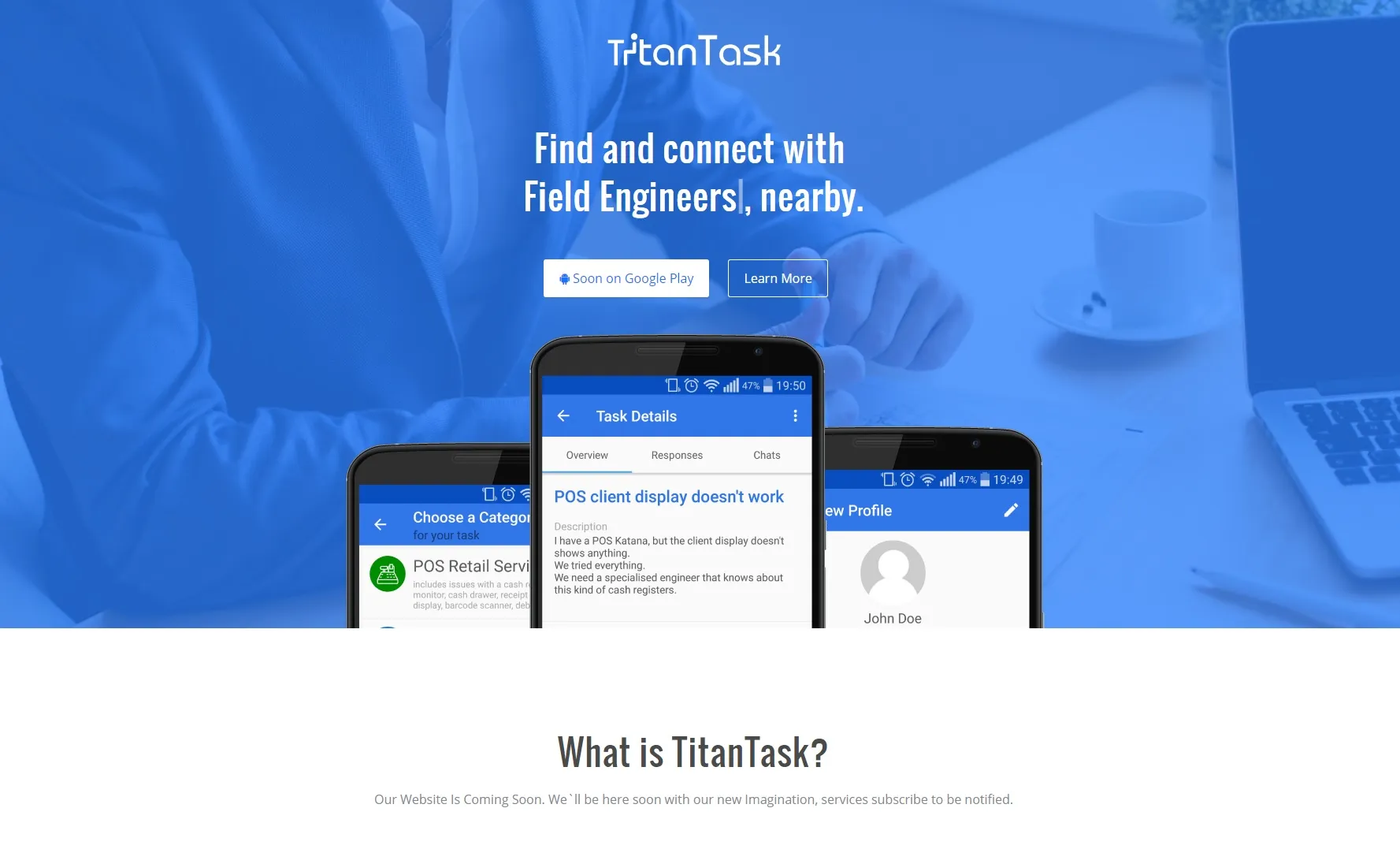Το site του TitanTask στο λανσάρισμα: κινητά με την εφαρμογή σε μπλε φόντο
