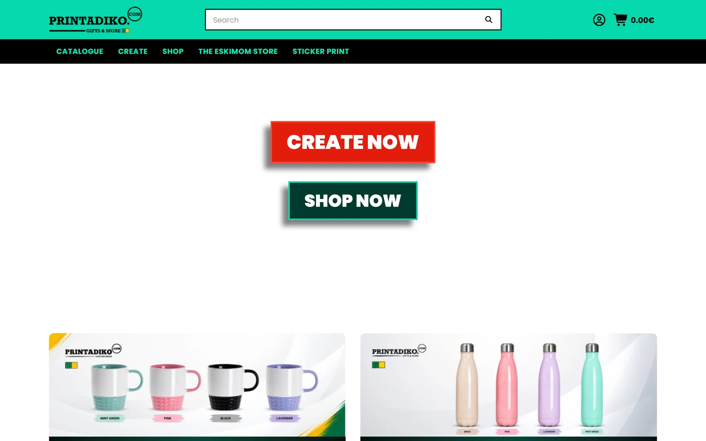 Η αρχική του Printadiko: κουμπιά Create now και Shop now πάνω από προϊόντα με τυπωμένες κούπες και παγούρια