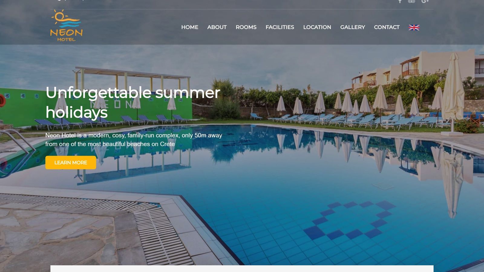 Αρχική σελίδα του site του Neon Hotel στην Κρήτη, με επιλογέα γλώσσας στο μενού, φωτογραφία της πισίνας και μπάρα κράτησης